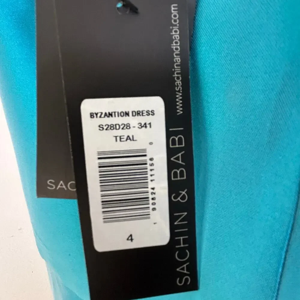 Sachin & Babi Tea length Gown-size‎ 4 teal, metallic sequin lips detail formal